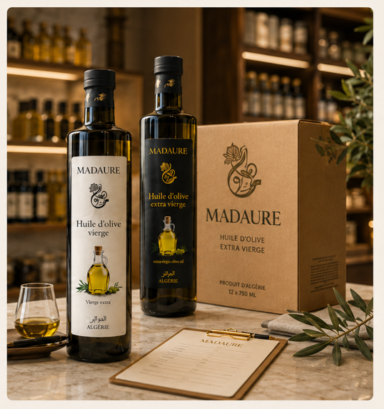 Deux bouteilles d’huile d’olive Madaure et un carton de présentation en environnement professionnel